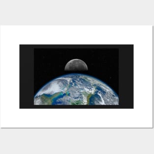 Planet Earth and Moon against dark starry sky Posters and Art